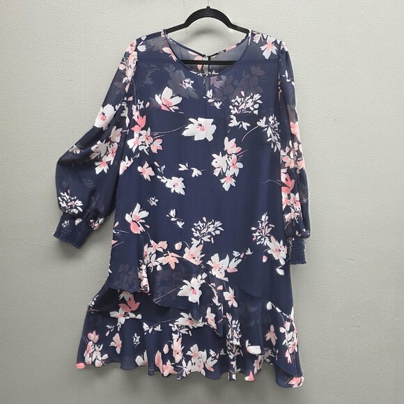 Eliza J Dress Womens 18W Navy Blue Floral Chiffon Long Sleeve Ruffle Hem Shift - Picture 1 of 16